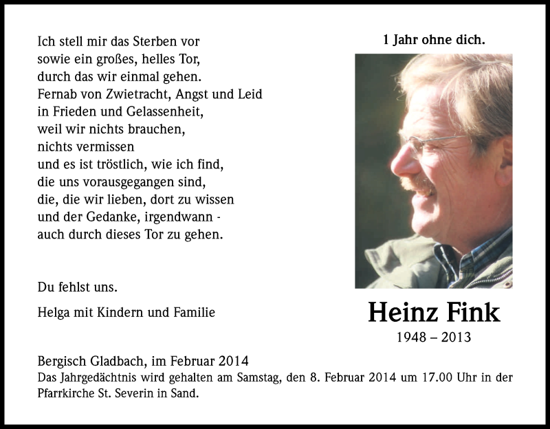  Traueranzeige für Heinz Fink vom 07.02.2014 aus Kölner Stadt-Anzeiger / Kölnische Rundschau / Express