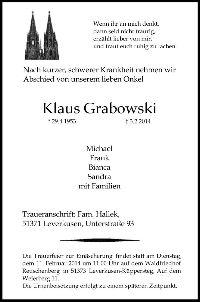  Traueranzeige für Klaus Grabowski vom 08.02.2014 aus Kölner Stadt-Anzeiger / Kölnische Rundschau / Express