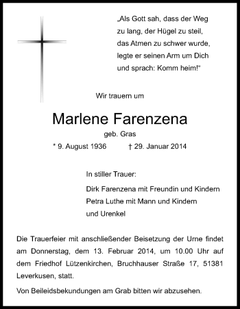 Anzeige von Marlene Farenzena von Kölner Stadt-Anzeiger / Kölnische Rundschau / Express