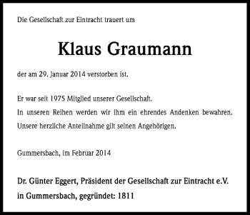 Anzeige von Klaus Graumann von Kölner Stadt-Anzeiger / Kölnische Rundschau / Express