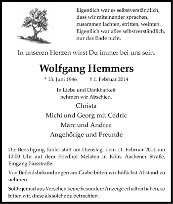 Anzeige von Wolfgang Hemmers von Kölner Stadt-Anzeiger / Kölnische Rundschau / Express
