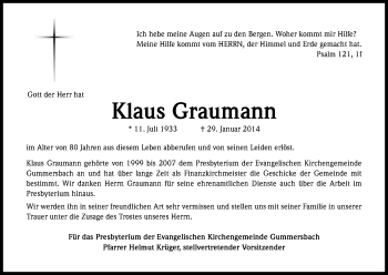 Anzeige von Klaus Graumann von Kölner Stadt-Anzeiger / Kölnische Rundschau / Express