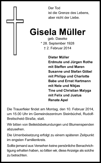 Anzeige von Gisela Müller von Kölner Stadt-Anzeiger / Kölnische Rundschau / Express