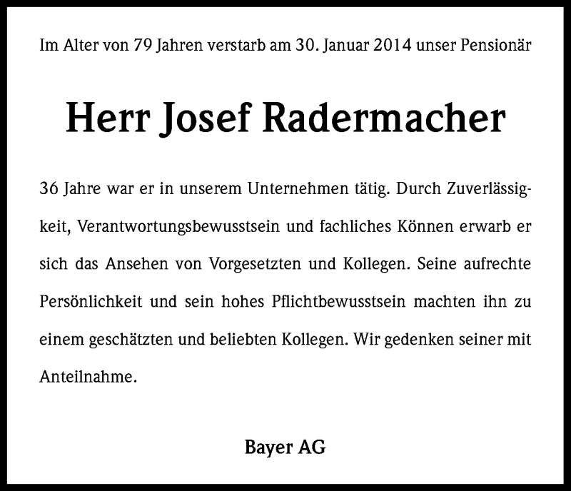  Traueranzeige für Josef Radermacher vom 06.02.2014 aus Kölner Stadt-Anzeiger / Kölnische Rundschau / Express