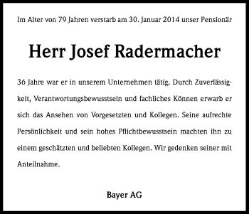 Anzeige von Josef Radermacher von Kölner Stadt-Anzeiger / Kölnische Rundschau / Express