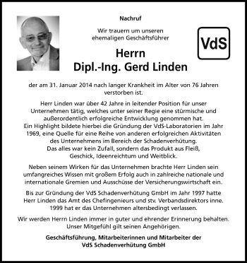 Anzeige von Gerd Linden von Kölner Stadt-Anzeiger / Kölnische Rundschau / Express