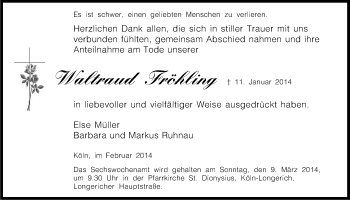 Anzeige von Waltraud Fröhling von Kölner Stadt-Anzeiger / Kölnische Rundschau / Express