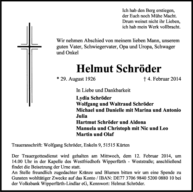  Traueranzeige für Helmut Schröder vom 06.02.2014 aus Kölner Stadt-Anzeiger / Kölnische Rundschau / Express