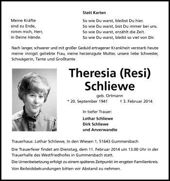 Anzeige von Theresia Schliewe von Kölner Stadt-Anzeiger / Kölnische Rundschau / Express