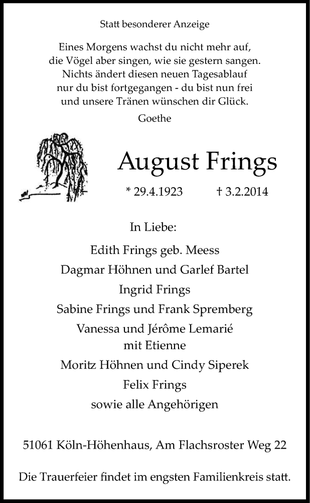  Traueranzeige für August Frings vom 06.02.2014 aus Kölner Stadt-Anzeiger / Kölnische Rundschau / Express