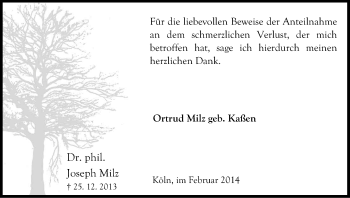Anzeige von Joseph Milz von Kölner Stadt-Anzeiger / Kölnische Rundschau / Express