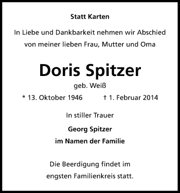 Anzeige von Doris Spitzer von Kölner Stadt-Anzeiger / Kölnische Rundschau / Express