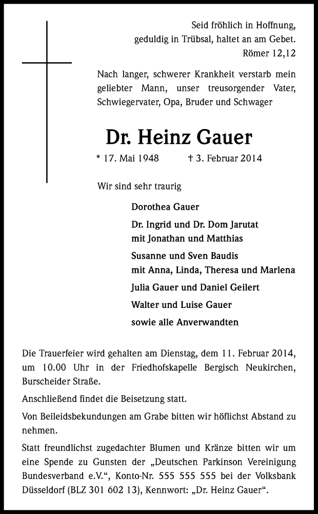  Traueranzeige für Heinz Gauer vom 07.02.2014 aus Kölner Stadt-Anzeiger / Kölnische Rundschau / Express