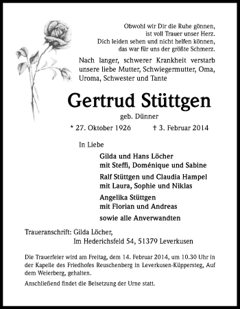 Anzeige von Gertrud Stüttgen von Kölner Stadt-Anzeiger / Kölnische Rundschau / Express
