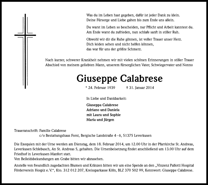  Traueranzeige für Giuseppe Calabrese vom 08.02.2014 aus Kölner Stadt-Anzeiger / Kölnische Rundschau / Express