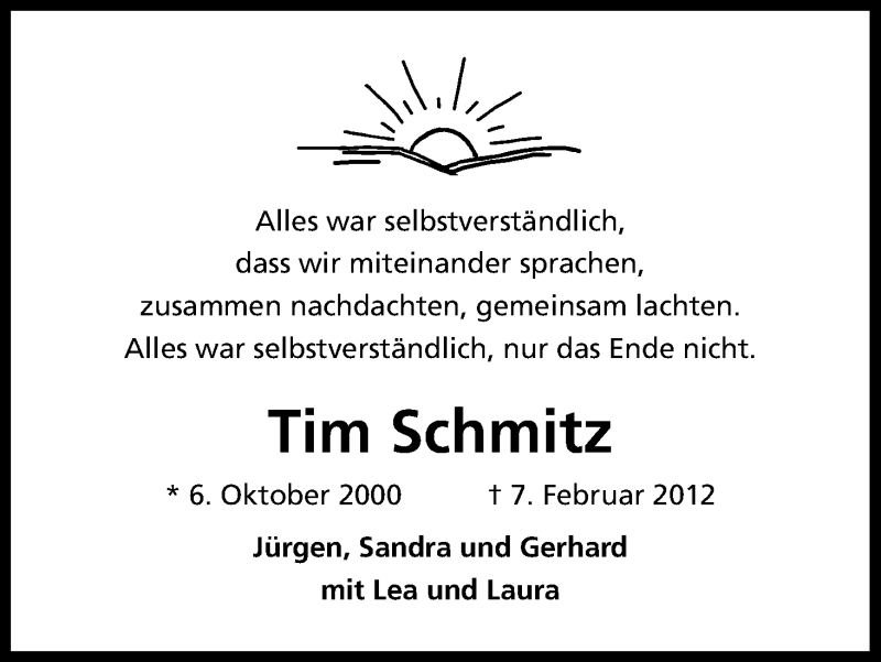  Traueranzeige für Tim Schmitz vom 07.02.2014 aus Kölner Stadt-Anzeiger / Kölnische Rundschau / Express