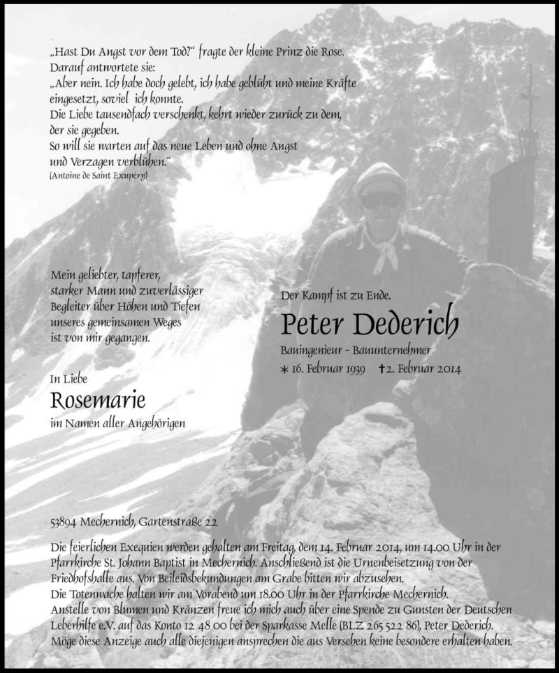  Traueranzeige für Peter Dederich vom 08.02.2014 aus Kölner Stadt-Anzeiger / Kölnische Rundschau / Express
