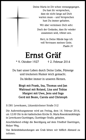 Anzeige von Ernst Gräf von Kölner Stadt-Anzeiger / Kölnische Rundschau / Express