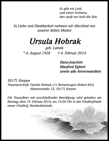 Anzeige von Ursula Hobrak von Kölner Stadt-Anzeiger / Kölnische Rundschau / Express