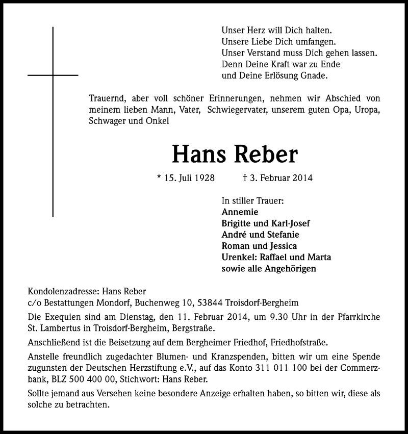  Traueranzeige für Hans Reber vom 08.02.2014 aus Kölner Stadt-Anzeiger / Kölnische Rundschau / Express