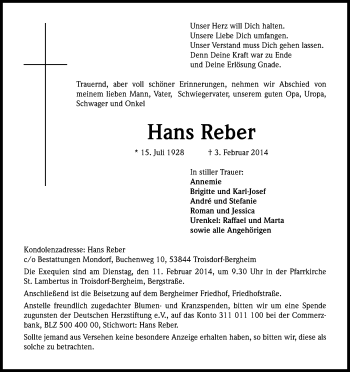 Anzeige von Hans Reber von Kölner Stadt-Anzeiger / Kölnische Rundschau / Express