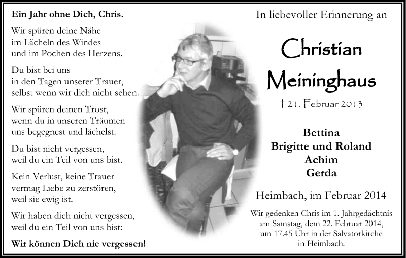 Traueranzeige für Christian Meininghaus vom 15.02.2014 aus Kölner Stadt-Anzeiger / Kölnische Rundschau / Express