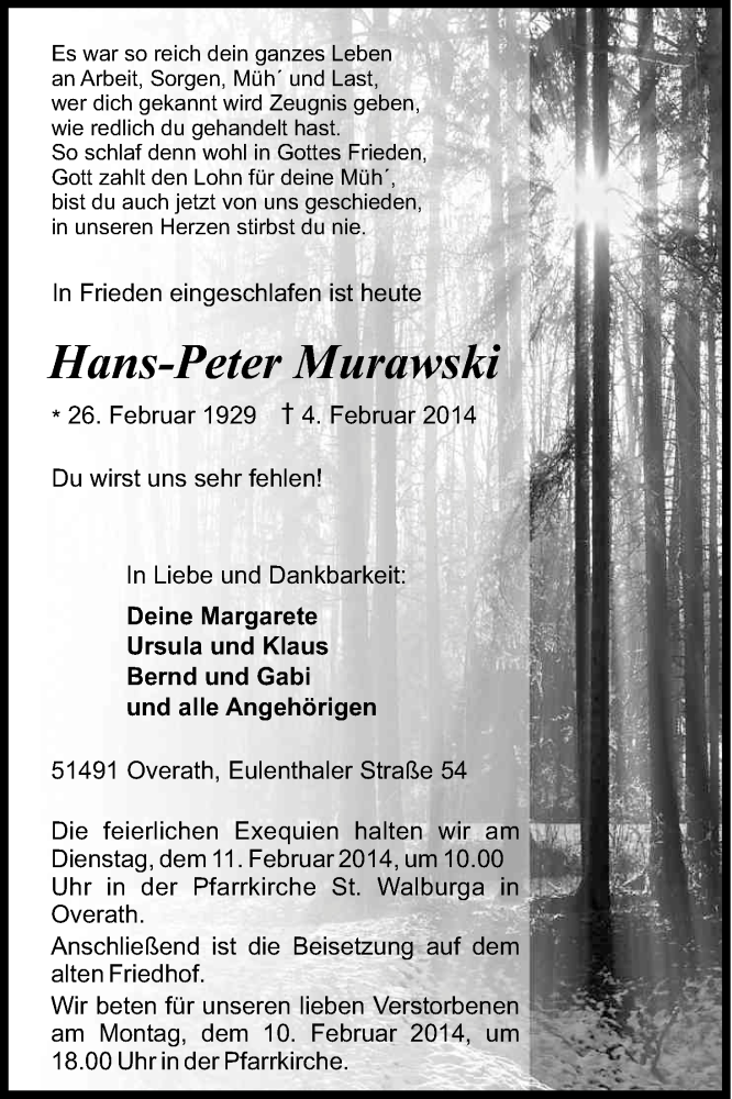 Traueranzeige für Hans-Peter Murawski vom 06.02.2014 aus Kölner Stadt-Anzeiger / Kölnische Rundschau / Express
