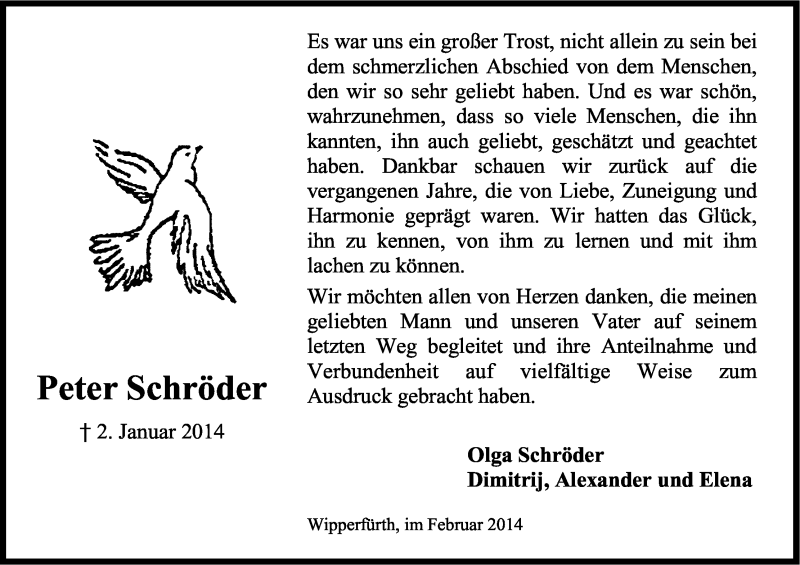  Traueranzeige für Peter Schröder vom 08.02.2014 aus Kölner Stadt-Anzeiger / Kölnische Rundschau / Express