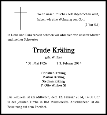 Anzeige von Trude Kräling von Kölner Stadt-Anzeiger / Kölnische Rundschau / Express