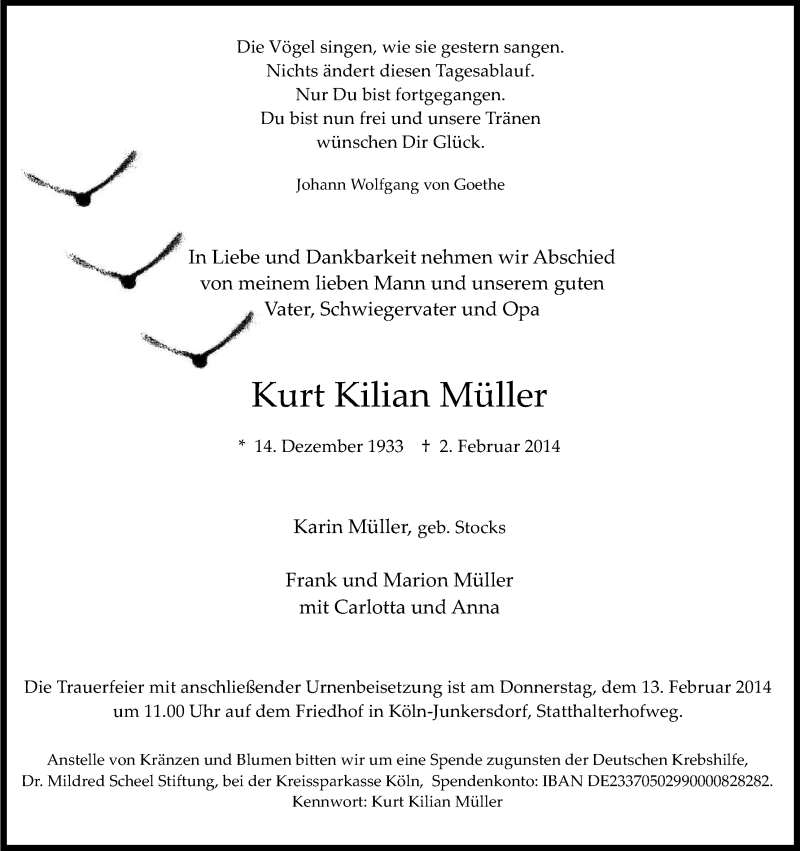  Traueranzeige für Kurt Kilian Müller vom 08.02.2014 aus Kölner Stadt-Anzeiger / Kölnische Rundschau / Express