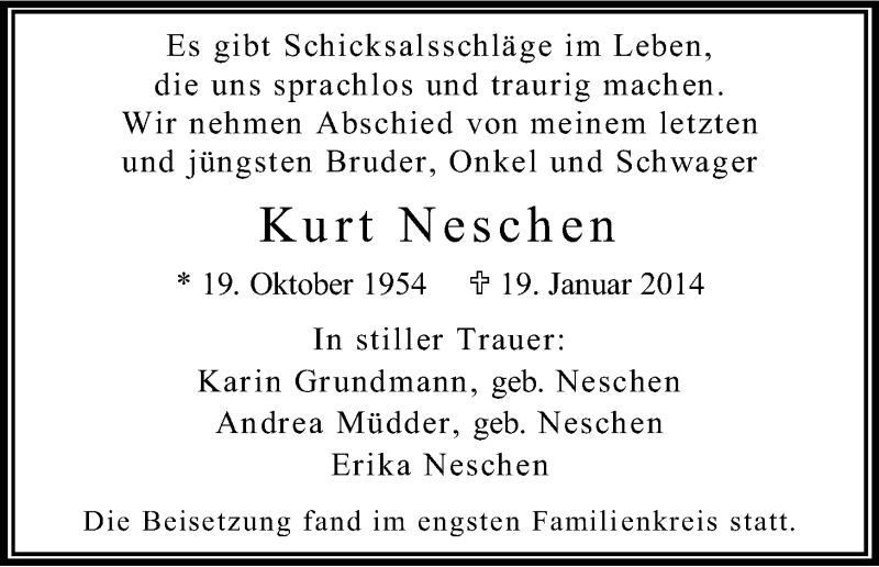  Traueranzeige für Kurt Neschen vom 08.02.2014 aus Kölner Stadt-Anzeiger / Kölnische Rundschau / Express