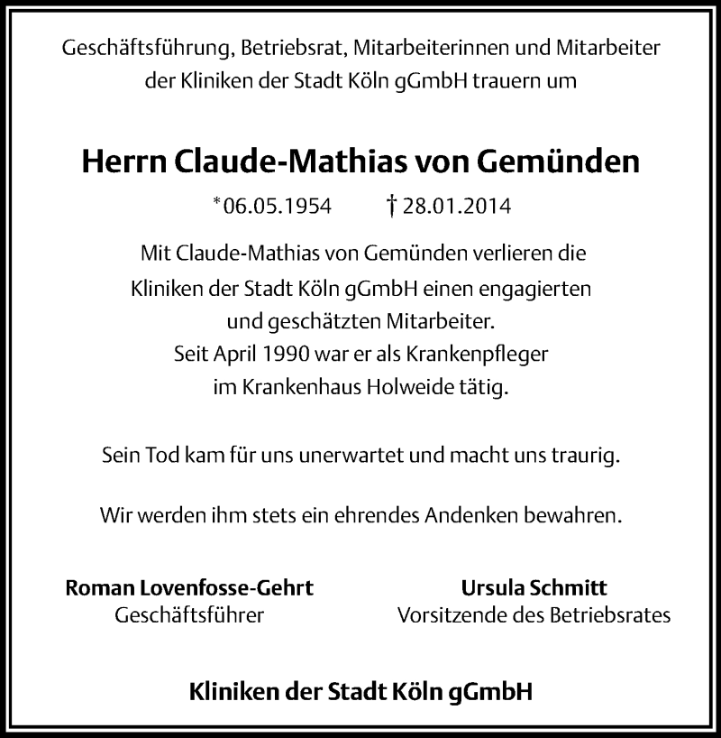  Traueranzeige für Claude-Mathias von Gemünden vom 08.02.2014 aus Kölner Stadt-Anzeiger / Kölnische Rundschau / Express