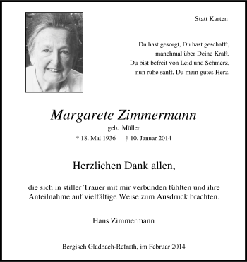 Anzeige von Margarete Zimmermann von Kölner Stadt-Anzeiger / Kölnische Rundschau / Express