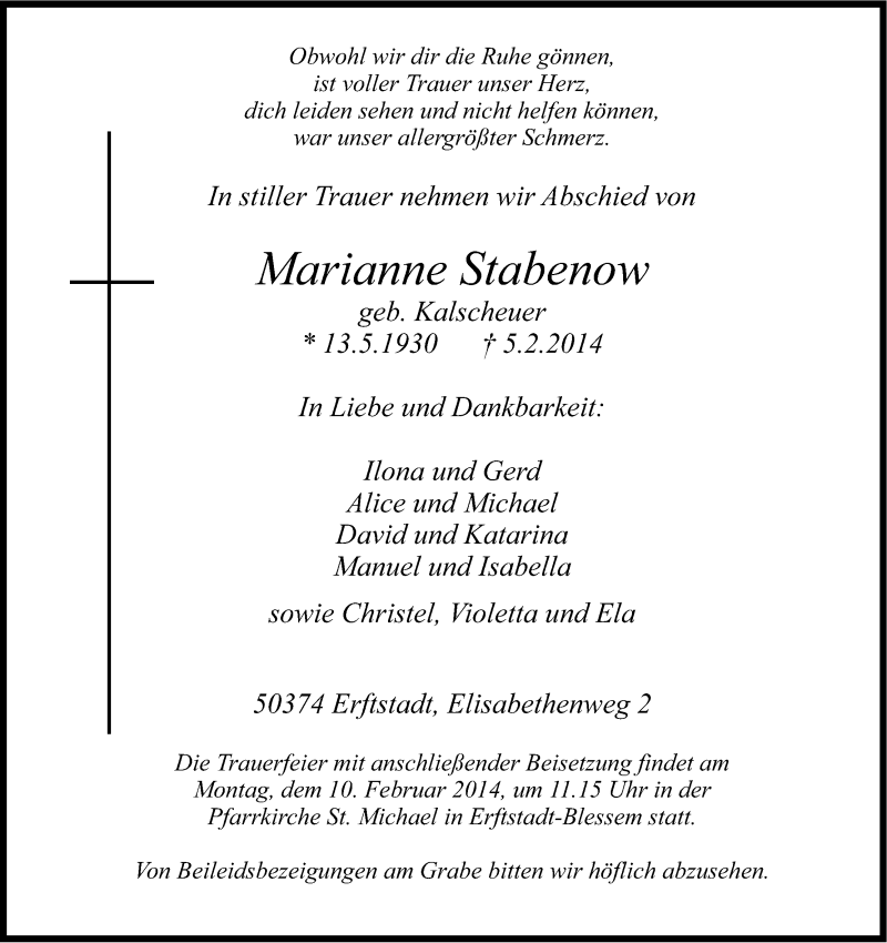  Traueranzeige für Marianne Stabenow vom 06.02.2014 aus Kölner Stadt-Anzeiger / Kölnische Rundschau / Express