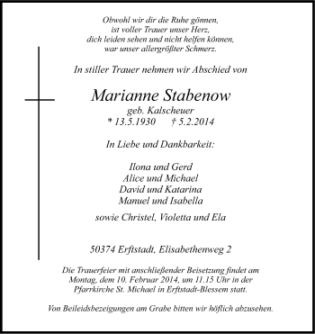 Anzeige von Marianne Stabenow von Kölner Stadt-Anzeiger / Kölnische Rundschau / Express