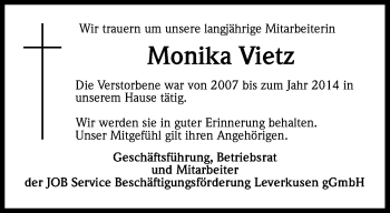 Anzeige von Monika Vietz von Kölner Stadt-Anzeiger / Kölnische Rundschau / Express