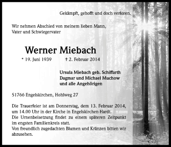 Anzeige von Werner Miebach von Kölner Stadt-Anzeiger / Kölnische Rundschau / Express