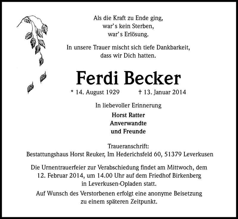  Traueranzeige für Ferdi Becker vom 08.02.2014 aus Kölner Stadt-Anzeiger / Kölnische Rundschau / Express