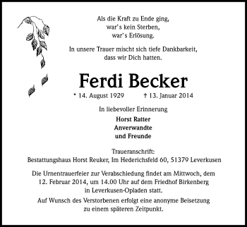 Anzeige von Ferdi Becker von Kölner Stadt-Anzeiger / Kölnische Rundschau / Express