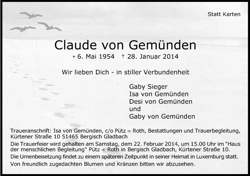  Traueranzeige für Claude von Gemünden vom 08.02.2014 aus Kölner Stadt-Anzeiger / Kölnische Rundschau / Express