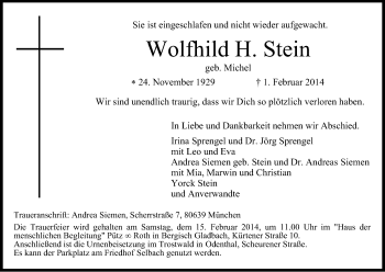 Anzeige von Wolfhild Stein von Kölner Stadt-Anzeiger / Kölnische Rundschau / Express
