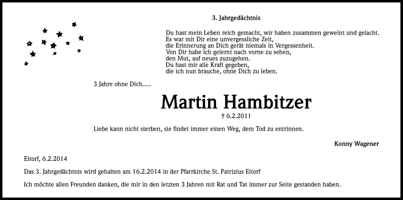  Traueranzeige für Martin Hambitzer vom 07.02.2014 aus Kölner Stadt-Anzeiger / Kölnische Rundschau / Express