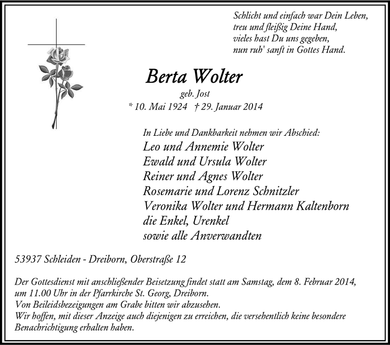  Traueranzeige für Berta Wolter vom 06.02.2014 aus Kölner Stadt-Anzeiger / Kölnische Rundschau / Express