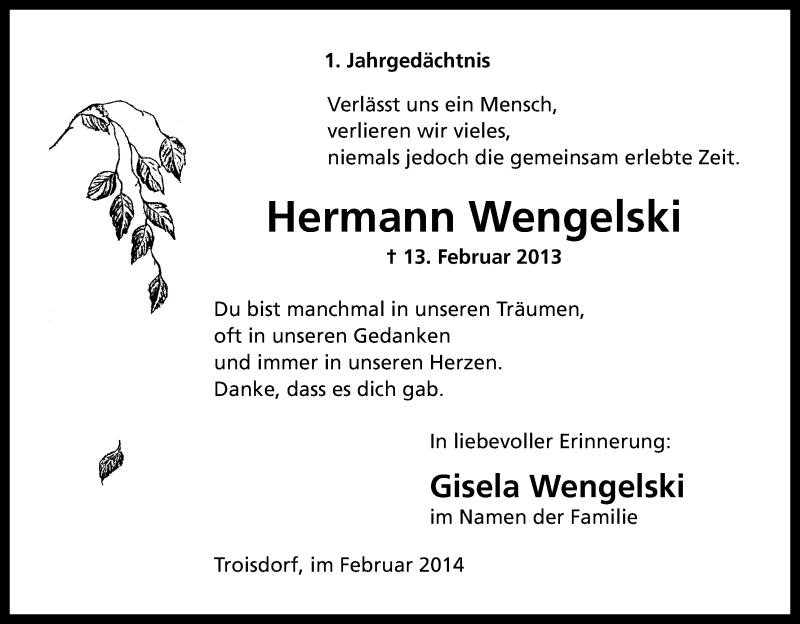  Traueranzeige für Hermann Wengelski vom 13.02.2014 aus Kölner Stadt-Anzeiger / Kölnische Rundschau / Express