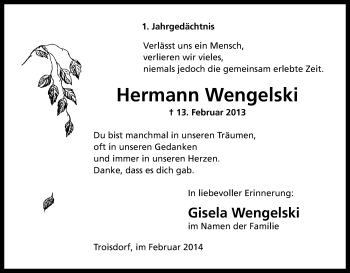 Anzeige von Hermann Wengelski von Kölner Stadt-Anzeiger / Kölnische Rundschau / Express