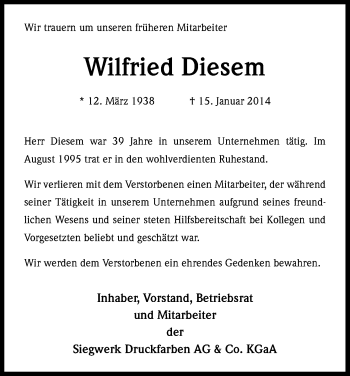 Anzeige von Wilfried Diesem von Kölner Stadt-Anzeiger / Kölnische Rundschau / Express