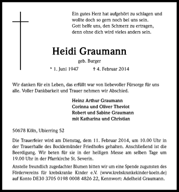 Anzeige von Heidi Graumann von Kölner Stadt-Anzeiger / Kölnische Rundschau / Express