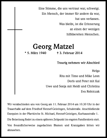 Anzeige von Georg Matzel von Kölner Stadt-Anzeiger / Kölnische Rundschau / Express