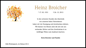 Anzeige von Heinz Broicher von Kölner Stadt-Anzeiger / Kölnische Rundschau / Express