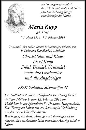 Anzeige von Maria Kupp von Kölner Stadt-Anzeiger / Kölnische Rundschau / Express